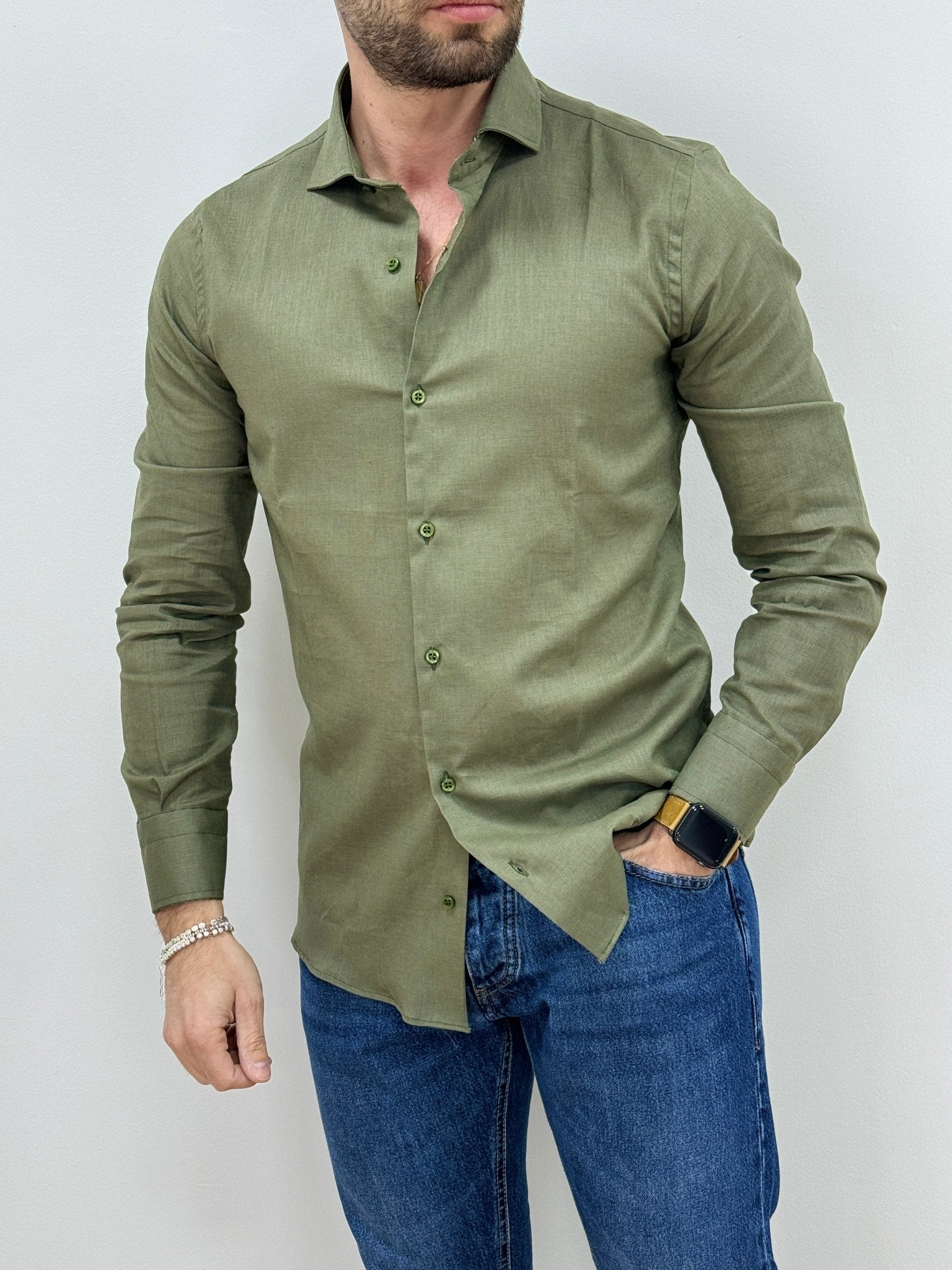 Camicia Uomo Lino Verde Militare - SEASON LAB