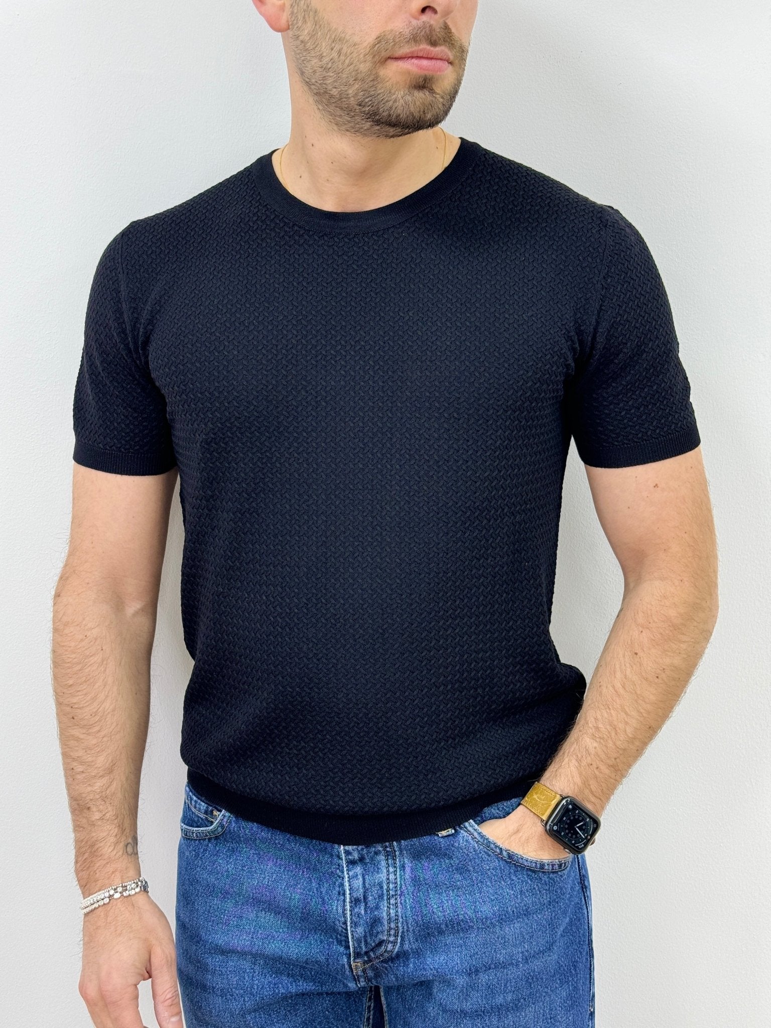 T-Shirt Uomo in Filo Intreccio Nero - SEASON LAB