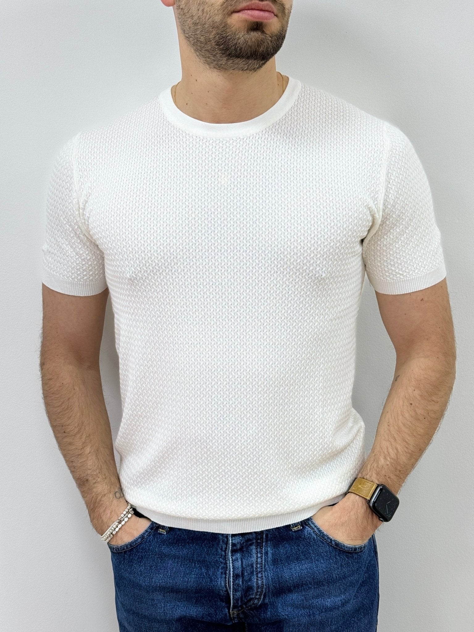 T-Shirt Uomo in Filo Intreccio Bianco - SEASON LAB